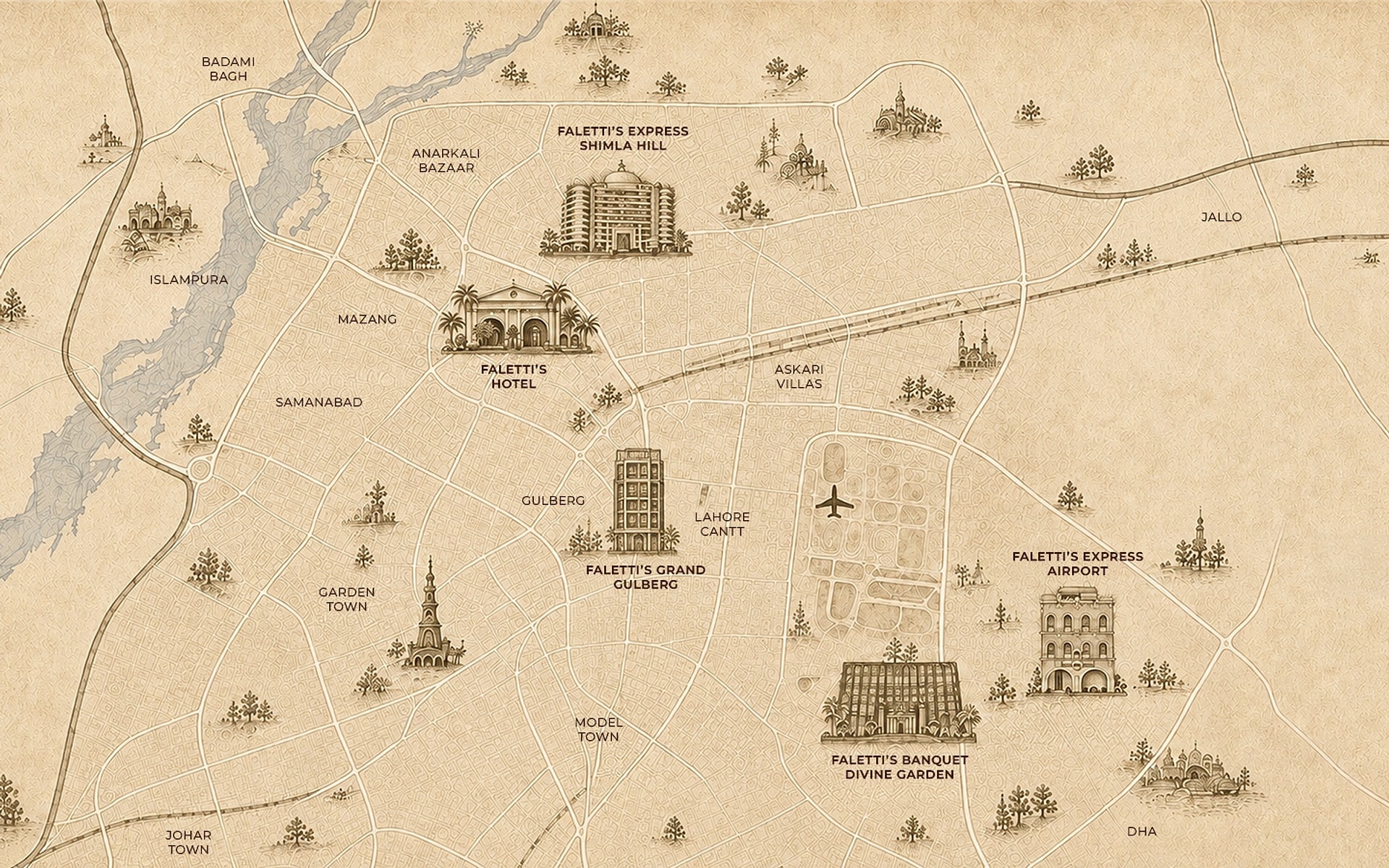 Illustrated map of Lahore marking five Faletti’s properties, including Faletti’s Banquet Divine Garden south-east of Lahore Cantt