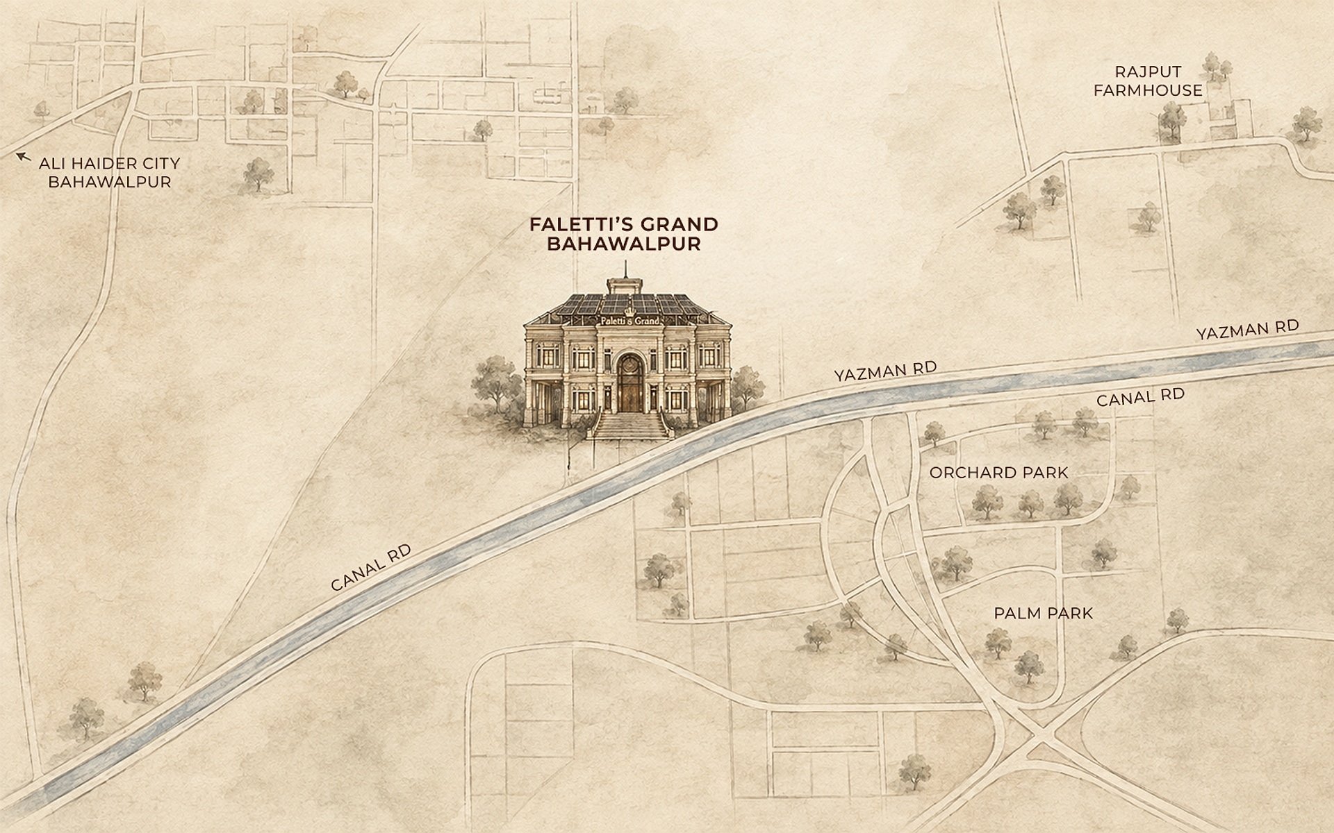 Illustrated map of Bahawalpur marking Faletti’s Grand Bahawalpur on Canal Road