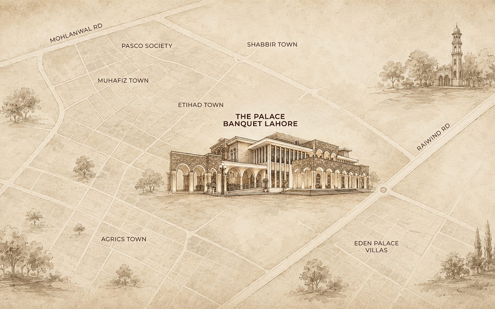 Illustrated map of the Raiwind Road area of Lahore marking The Palace Banquet, off Main Raiwind Road in Etihad Town Phase I